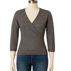 Ann Taylor Women's Small Petite Metallic Gray Knit Wrap Sweater Button Cuff
